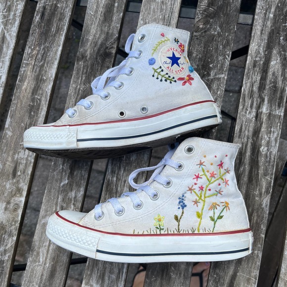 Converse Shoes - Hand Embroidered High Top White Converse Women’s Size 5